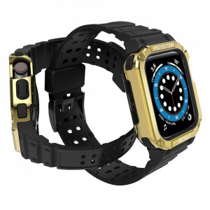 Подсилен калъф за корпус с каишка Protect - Apple Watch 45mm Series 9 / 45mm Series 8 / 45mm Series 7 / 44mm SЕ (2nd gen) / 44mm SE / 44mm Series 6 / 44mm Series 5 / 44mm Series 4 / 42mm Series 3 / 42mm Series 2 черен / златист - Img 3