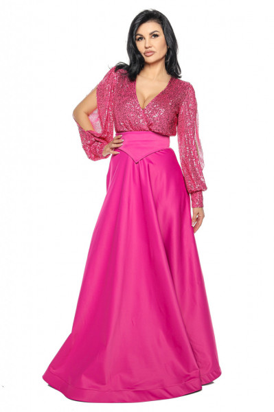 Rochie lunga tafta si paiete fucsia