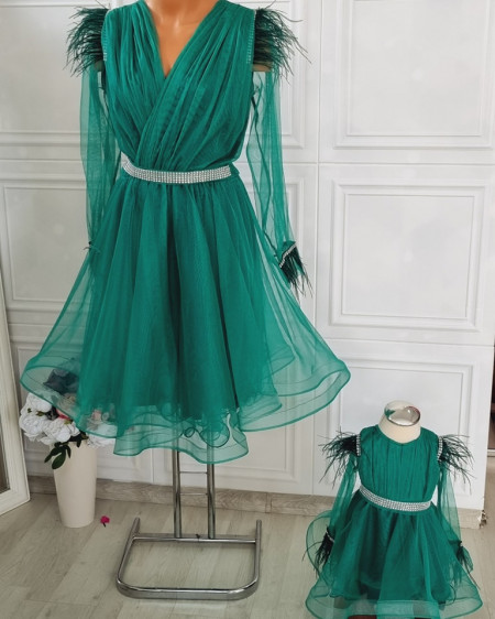 Set mama/fiica din tulle verde cu pene