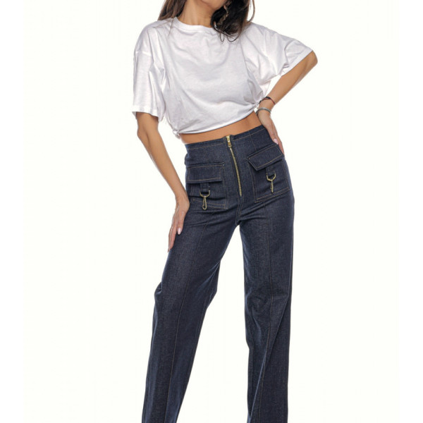 Pantalon drept si larg din denim elastic Helen