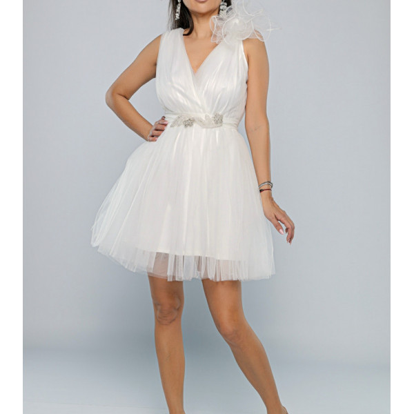 Rochie scurta alba de cununie civila sau banchet din tulle Vera