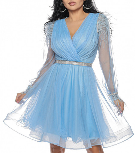Rochie scurta din tulle bleu cu pene