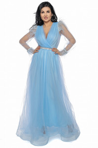 Rochie lunga din tulle bleu cu pene - Img 1
