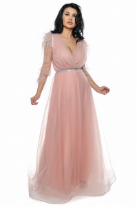 Rochie lunga din tulle roz antic cu pene - Img 1