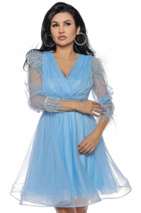 Rochie scurta din tulle bleu cu pene - Img 4
