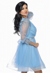 Rochie scurta din tulle bleu cu pene - Img 5