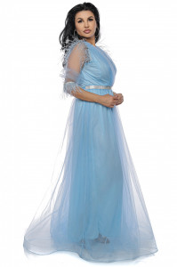 Rochie lunga din tulle bleu cu pene - Img 3
