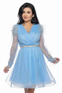 Rochie scurta din tulle bleu cu pene - Img 6