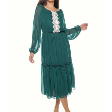 Rochie de zi din voal cu broderie si ciucuri,Donna verde - Img 1