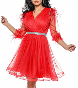 Rochie scurta din tulle rosu cu pene - Img 1