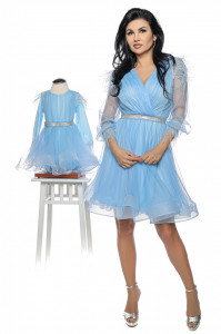 Set mama/fiica din tulle bleu cu pene - Img 1