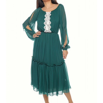 Rochie de zi din voal cu broderie si ciucuri,Donna verde - Img 3