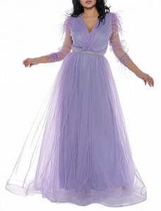 Rochie lunga din tulle lila cu pene - Img 2