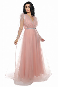 Rochie lunga din tulle roz antic cu pene - Img 2