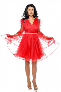 Rochie scurta din tulle rosu cu pene - Img 2