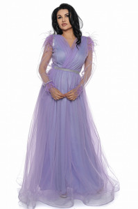 Rochie lunga din tulle lila cu pene - Img 3