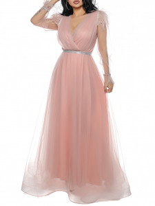 Rochie lunga din tulle roz antic cu pene - Img 3