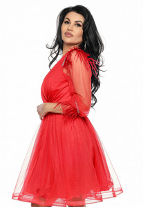 Rochie scurta din tulle rosu cu pene - Img 3