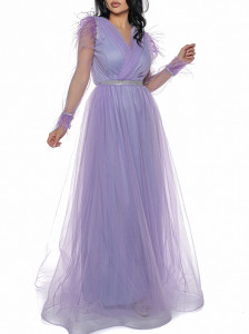 Rochie lunga din tulle lila cu pene - Img 4