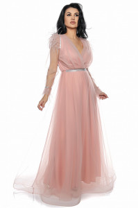 Rochie lunga din tulle roz antic cu pene - Img 4