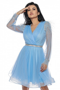 Rochie scurta din tulle bleu cu pene - Img 2