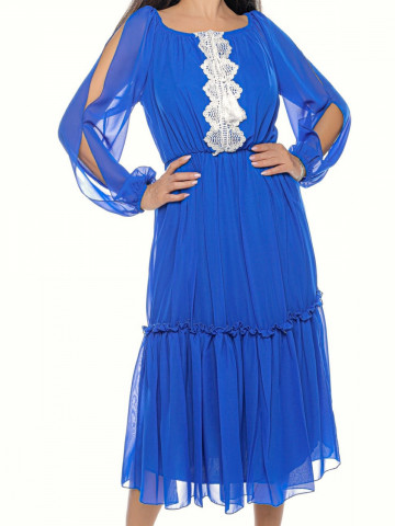 Rochie de zi din voal cu broderie si ciucuri,Donna albastru - Img 1