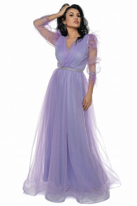 Rochie lunga din tulle lila cu pene - Img 1