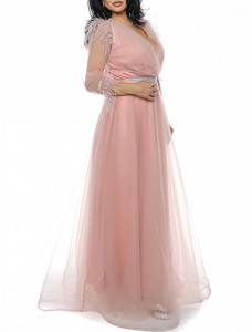 Rochie lunga din tulle roz antic cu pene - Img 5