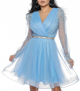 Rochie scurta din tulle bleu cu pene - Img 1