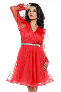 Rochie scurta din tulle rosu cu pene - Img 5