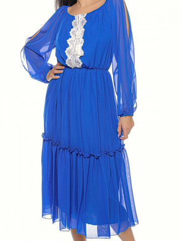 Rochie de zi din voal cu broderie si ciucuri,Donna albastru - Img 3