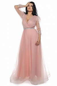 Rochie lunga din tulle roz antic cu pene - Img 6