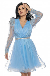 Rochie scurta din tulle bleu cu pene - Img 3