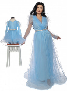 Set mama/fiica din tulle bleu cu pene naturale - Img 1