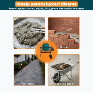 Betoniera semi-profesionala 200L, STARKEN® MIX-620, Motor 1000W cu Bobinaj Cupru, 29.5 RPM, Alimentare 230V, Coroana din Fonta, Transmisie pe Curea, Roti Cauciuc, Cadru Metalic, Deschidere Cuva 390 mm, Verde - Img 7