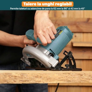 Fierastrau Circular STARKEN®, Model SAW-685, Motor 1400 W din Cupru, Disc 185 mm, Turatie 5800 RPM, Adancime Taiere 62 mm la 90° si 42 mm la 45°, Taiere la Unghi 45°, Ghidaj Paralel, Extragere Praf, Maner Soft Grip, Intrerupator cu Blocare - Img 3