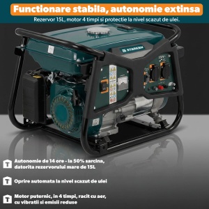 Generator Curent 3000W Max, STARKEN® PWR-430, Benzina, 2600W Nominal, Motor 212cc 7CP, 4 Timpi OHV, AVR, Monofazat, 2 Prize 230V 16A + Priza 12V, Rezervor 15L, Autonomie 14h, Voltmetru, Pornire la Sfoara cu Easy Start, Oprire Automata Ulei - Img 3