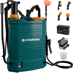 Pompa de Stropit 16L, STARKEN® SPR-616, 2 in 1 (Electrica + Manuala), Acumulator 12V 8Ah Detasabil, Presiune Reglabila, Lance Telescopica, 5 Duze Incluse, Bretele Transport, Filtru, Debit 3.6L/min, Ideala Gradina si Agricultura