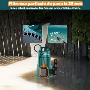 Pompa Submersibila pentru Apa Curata si Murdara STARKEN®, Model FLW-410, Putere 1000 W, Debit Maxim 17000 L/h, Inaltime Maxima de Pompare 9 m, Adancime Maxima de Scufundare 7 m, Particule 35 mm, IPX8, Cablu 10 m, Drenaj, Subsoluri, Rezervoare si Gradina - Img 3