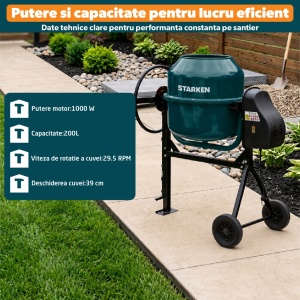 Resigilat - Betoniera semi-profesionala 200L, STARKEN® MIX-620, Motor 1000W cu Bobinaj Cupru, 29.5 RPM, Alimentare 230V, Coroana din Fonta, Transmisie pe Curea, Roti Cauciuc, Cadru Metalic, Deschidere Cuva 390 mm, Verde - Img 6