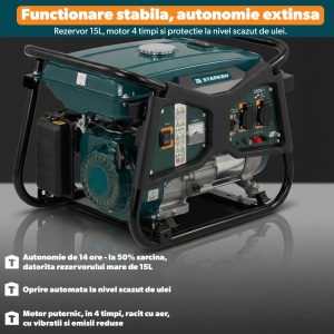 Resigilat - Generator Curent 3000W Max, STARKEN® PWR-430, Benzina, 2600W Nominal, Motor 212cc 7CP, 4 Timpi OHV, AVR, Monofazat, 2 Prize 230V 16A + Priza 12V, Rezervor 15L, Autonomie 14h, Voltmetru, Oprire Automata Ulei - Img 3