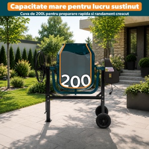 Betoniera semi-profesionala 200L, STARKEN® MIX-620, Motor 1000W cu Bobinaj Cupru, 29.5 RPM, Alimentare 230V, Coroana din Fonta, Transmisie pe Curea, Roti Cauciuc, Cadru Metalic, Deschidere Cuva 390 mm, Verde - Img 4