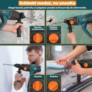 Ciocan Rotopercutor 1050W, STARKEN® RXT-610, 3J, SDS Plus, 4 Functii (Gaurire, Percutie, Daltuire Rotativa si Daltuire), 1150 RPM, Viteza Variabila, Mandrina Interschimbabila, Valiza Transport, Maner, Spit si Burghie Incluse, Ideal Beton, Zidarie si Lemn - Img 5
