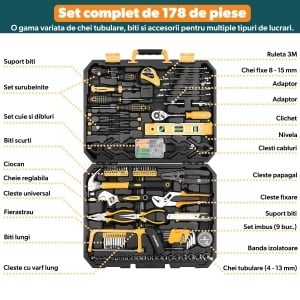 Cutie de Scule STARKEN®, Model KEY-178, Set Complet 178 Bucati, Manere Ergonomice Soft-Grip, Cutie Compacta si Organizata, Surubelnite Magnetizate, Surubelnite de Precizie, Chei Fixe, Tubulare, Clichet, Clesti, Ciocan, Cutter, Ruleta, Nivela, Biti - Img 2