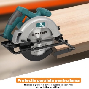 Fierastrau Circular STARKEN®, Model SAW-685, Motor 1400 W din Cupru, Disc 185 mm, Turatie 5800 RPM, Adancime Taiere 62 mm la 90° si 42 mm la 45°, Taiere la Unghi 45°, Ghidaj Paralel, Extragere Praf, Maner Soft Grip, Intrerupator cu Blocare - Img 4