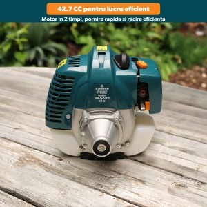 Motocoasa pe Benzina 1.7 CP, STARKEN®, TMT-643, pentru Tuns Iarba/ Gazon, 42.7 CC, 6500 RPM, Motor 2 Timpi, Diametru Cilindru 40 mm, Lama 255 mm, Rezervor 1200 ml, Tija Aluminiu 28 mm, Disc 3 Dinti, Cap Fir Nylon, Ham Umar Inclus - Img 6