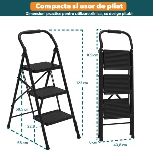 Scara Pliabila STARKEN®, Model STP-413, 3 Trepte, Sarcina Maxima 150 kg, Structura din Otel, Maner din Spuma, Trepte Late 26,5 x 17 cm, Design Stabil si Rezistent, Potrivita pentru Casa, Birou, Depozit - Img 7