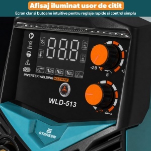 Aparat de Sudura Invertor STARKEN®, Model WLD-513, 3 in 1 MIG MMA LIFT-TIG, Fara Gaz, Curent Sudura 20-130 A, Tehnologie Inverter, Arc Electric Stabil, Force Arc, Hot Start, Anti Stick, Afisaj LED, Reglaj Fin Curent, Protectie Termica, Accesorii Incluse - Img 3