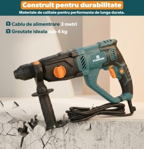Ciocan Rotopercutor 1050W, STARKEN® RXT-610, 3J, SDS Plus, 4 Functii (Gaurire, Percutie, Daltuire Rotativa si Daltuire), 1150 RPM, Viteza Variabila, Mandrina Interschimbabila, Valiza Transport, Maner, Spit si Burghie Incluse, Ideal Beton, Zidarie si Lemn - Img 2