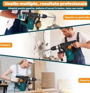 Ciocan Rotopercutor 1800W, STARKEN® RXT-818, 7J, SDS Plus, 4 Functii (Gaurire, Percutie, Daltuire Rotativa, Daltuire), 850 RPM, Maner 360°, Accesorii, Spit si Burghie Incluse, Valiza Transport, Ideal Beton si Zidarie - Img 7